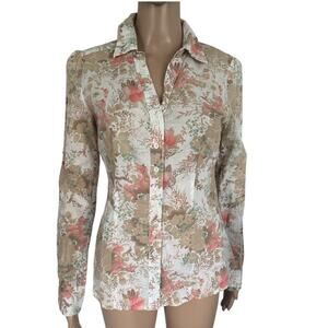 Y2K Floral Button Up Shirt Women’s sz 8 Cream Orange Boho Cottagecore